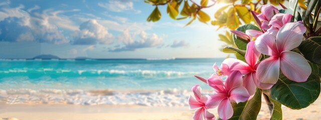 Wall Mural - plumeria on a sandy beach, summer concept. sea, ocean