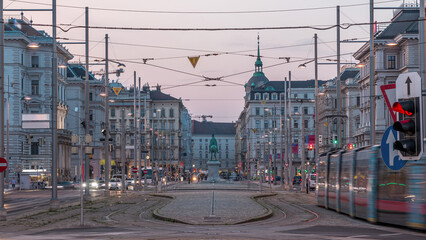 Canvas Print - Monument to Schwarzenberg on Schwarzenbergplatz square day to night timelapse in Vienna. Austria