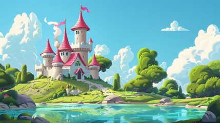 Sticker - On a lakeshore there is a fairytale castle with a pink roof. Cartoon modern illustration of a summer fantasy landscape with a pond, hills, a king's palace and a princess' palace.