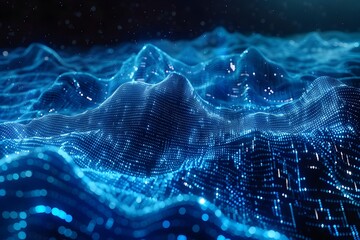 Wall Mural - A blue wave with a lot of dots on it. The dots are scattered all over the wave, giving it a futuristic and otherworldly appearance