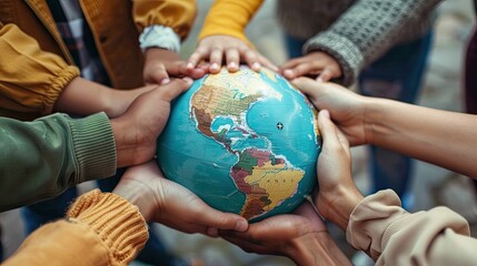 close-up of children's hands on globe. Selective focus