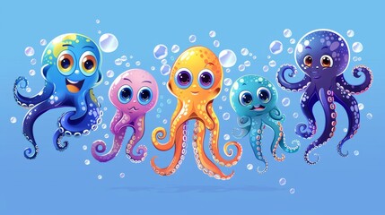 Sticker - Set of humorous octopus cartoon characters with different facial expressions and water bubbles. Set of swimming adorable baby krakens with tentacles.
