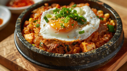 Wall Mural - an image of a bowl of hot and spicy kimchi fried rice served in a stone bowl on a wooden surface, packed with tangy kimchi, pork, and vegetables, topped with a fried egg.