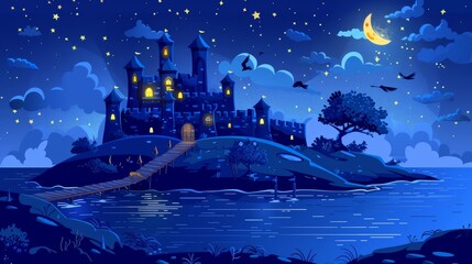 Wall Mural - Castle on hill overlooking stormy night sea, with towers, wooden gate, light in windows, moon glowing, birds flying in starry sky, and tree near sea. Modern cartoon illustration.