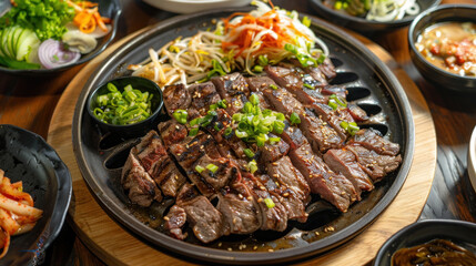 Wall Mural - an image of a sizzling plate of bulgogi (marinated grilled beef) served on a wooden platter, accompanied by a colorful array of banchan (side dishes) such as kimchi, pickled radishes, 