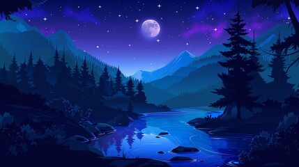 Wall Mural - Modern illustration of a river in the night in a mountain valley. Full moon reflection on water surface, stars glowing in the midnight sky, dark scenery.