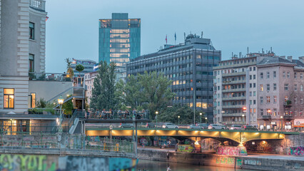 Sticker - Vienna cityscape with the Danube channel day to night timelapse in Vienna. Austria.