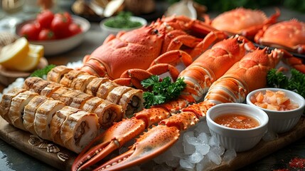 Poster - Lobster and assorted vegetables beautifully arranged on a rustic wooden platter, AI-generated.