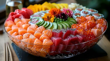 Sticker - Fresh sashimi and sushi rolls in a bowl, AI-generated.