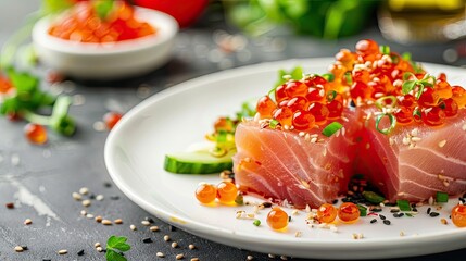 Wall Mural - healthy food tuna salad and red caviar. selective focus