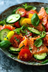 Wall Mural - salad, fresh vegetables and salmon fillet. selective focus