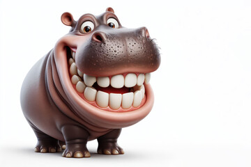 funny Hippopotamus with a big smile and big teeth on a white background