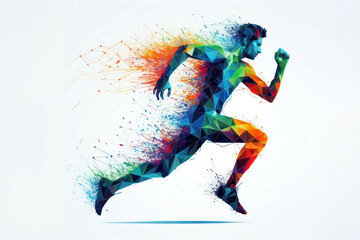 Wall Mural - Polygonal person man running colorful splash contrast sharp on white background