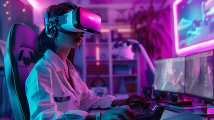 Wall Mural - Cosplay Female Exploring VR Metaverse Online while Sitting Behind a Desk with a Computer. Young Cosplay Female Wearing Virtual Reality Headsets and Using Controllers in a Neon Futuristic Room.