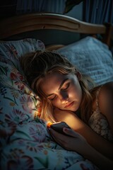 woman sitting on the phone before going to sleep. selective focus