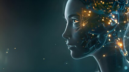 Fototapete - A digital profile view of a human-like face with graphical elements representing artificial intelligence and neural networks.