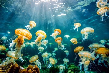 Wall Mural - Beautiful jellyfish swim in sea water with sunbeam. Underwater world.