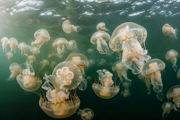 Wall Mural - Group of jellyfish floating in the water. Jellyfish is a species of marine mammal.