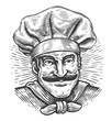 Happy smiling male chef in toque. Cook in chefs hat. Cooking, culinary, restaurant kitchen concept