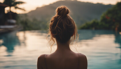 Wall Mural - Portrait of woman in infinity pool in Bali, sunset view
