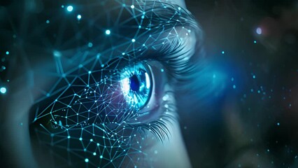 Leinwandbilder - Close-up view of a womans eye with a high-tech futuristic background, showcasing a blend of human and technological elements.