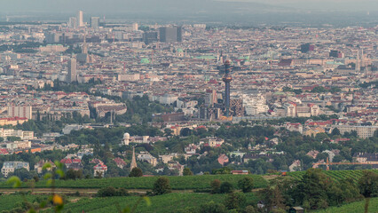 Poster - Skyline of Vienna from Danube Viewpoint Leopoldsberg aerial day to night timelapse.