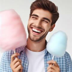 Happy man eating cotton candy on a stick on a white background