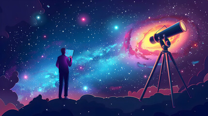 Wall Mural - Isometric Illustration of Scientist Operating Astronomical Telescope, Exploring Distant Galaxies for Universe Understanding   Flat Design Concept on Adobe Stock