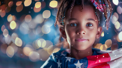 Poster - Portrait of a small African-American boy under the national flag of America against the background of blurred spots of a garland. The concept of celebrating Independence Day in America on July 4th.