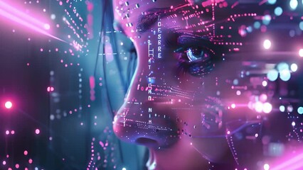Fototapete - Close-up of a womans face set against a futuristic backdrop, showcasing a blend of human features and technological elements.