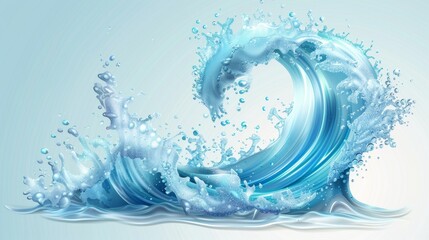 Wall Mural - Water flowing with bubbles and drops. Modern illustration with realistic blue aqua splash on white background. Flow of pure liquid drink.