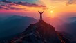 © CreativeVista - Victorious Hiker On Rugged Mountain Summit At Vibrant Sunset Embracing Freedom, Strength, Determination, Success, Triumph And Achievement