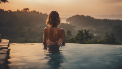 Wall Mural - Portrait of woman in infinity pool in Bali, sunset view
