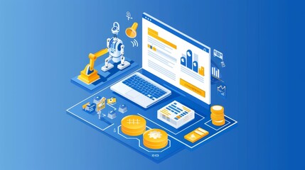 Poster - Modern landing page for SEO optimization service with line art graph of data analysis and robot. Artificial intelligence chatbot banner with isometric chart on blue background.