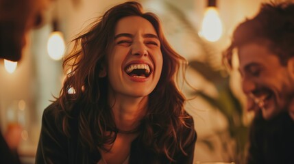 Wall Mural - An exuberant businesswoman laughing while chatting with colleagues during a casual meeting in a brightly lit boardroom