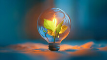 In An Incandescent Lamp, You Can See The Green Leaves Of Plants. The Relationship Between Ecology And The Need To Save Electricity.