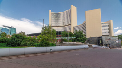 Wall Mural - Donaustadt Danube City timelapse hyperlapse is a modern quarter with skyscrapers and business centres in Vienna, Austria.