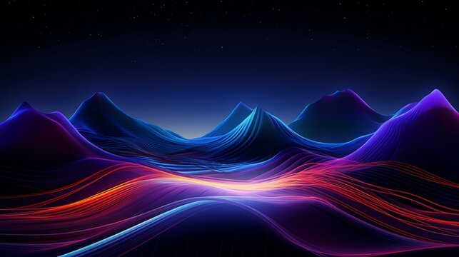 Abstract digital landscape with flowing neon lines and geometric shapes, vibrant colors against a dark background, futuristic concept