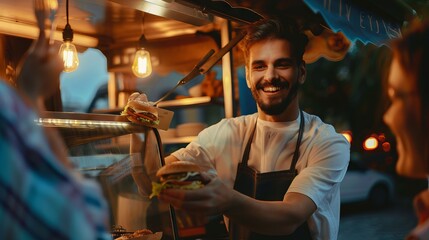 A smiling young man in an apron is working at the food truck as an employee serving burgers to customers.