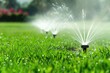 © At My Hat - A lawn is being watered by a sprinkler system. The grass is green and the sprinklers are spraying water in different directions