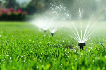 A lawn is being watered by a sprinkler system. The grass is green and the sprinklers are spraying water in different directions