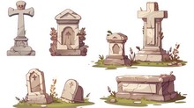 A Collection Of Gravestones And Graveyard Buildings, Cracked Stone Crosses, Pillars And Mausoleum Tombs With Rip Signatures, Isolated On White, Cartoon Modern Illustration, Icons Set.