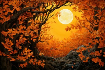 Poster - Vivid illustration of an autumnal forest scene with a glowing full moon