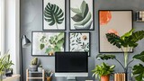 Fototapeta  - Patterned posters above desk with computer monitor in grey home office interior with plants : Generative AI