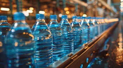 Wall Mural - Plastic water bottles on conveyor, close-up, industrial