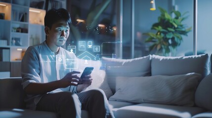 Fototapete - asian man sitting on sofa and using smart home control app on mobile phone with augmented reality view of IOT connected objects in apartment : Generative AI