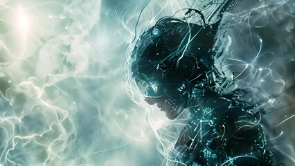 Leinwandbilder - A person wearing futuristic attire exploring a high-tech environment filled with holographic displays and advanced technology.