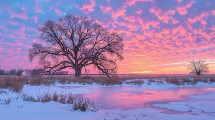 Wall Mural -   A majestic tree stands tall in a serene field by a tranquil body of water, framed by a vibrant purple and pink sky