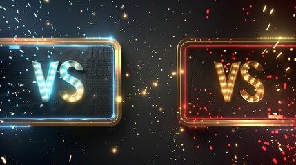 A set of gold signs with glow and sparks on both blue and red sides. Sport collision symbols on a black background. Realistic 3d modern set of martial arts combat, fight, competition challenge and