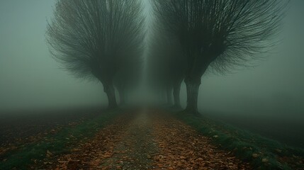 Wall Mural -   Two trees flank a foggy road, their leaves strewn about A single tree stands resolute in the center